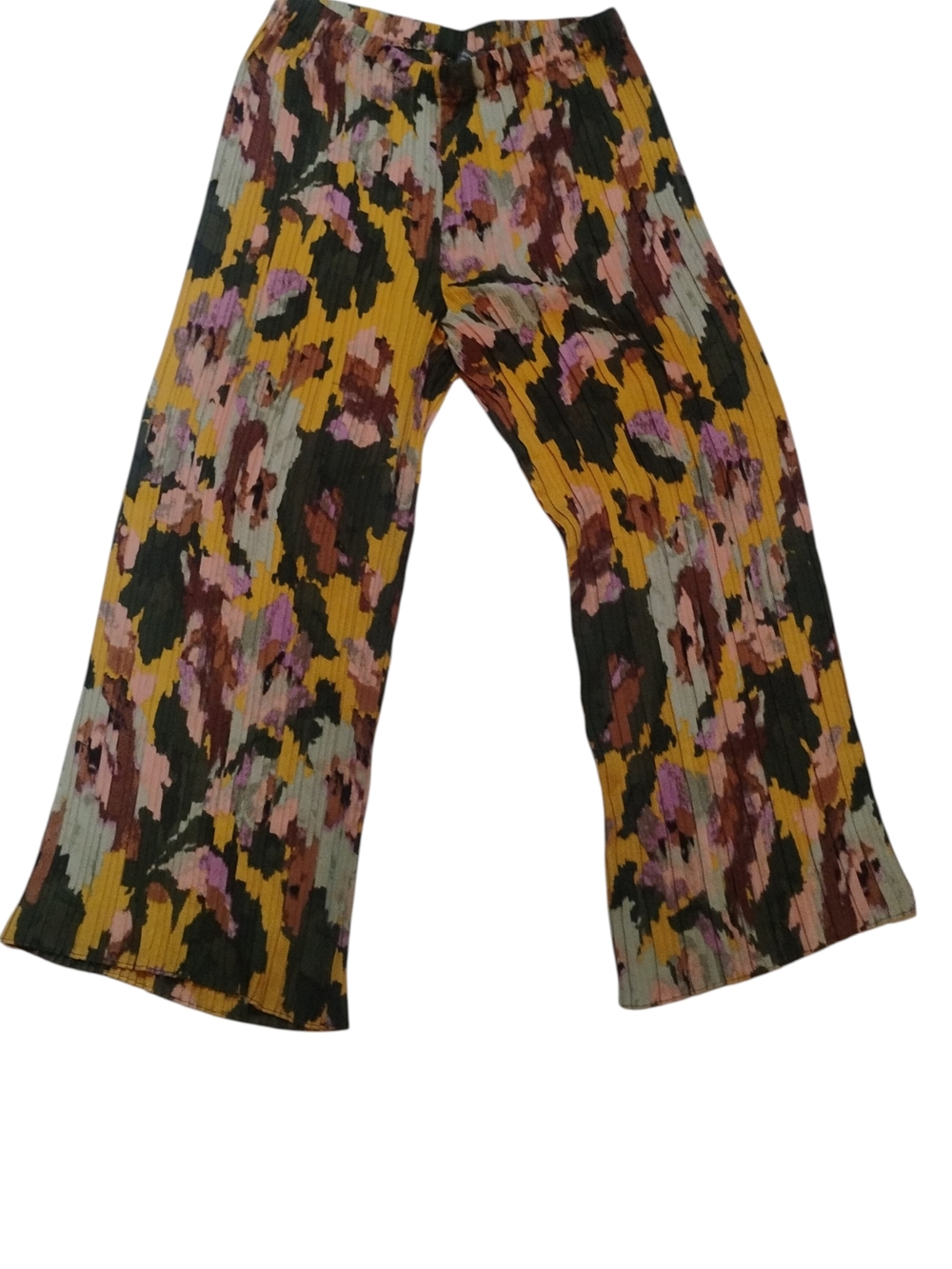Ninety Clothing Co. Pleated Wide-Leg Floral Print Pants - Mustard & Pink SZ P XL